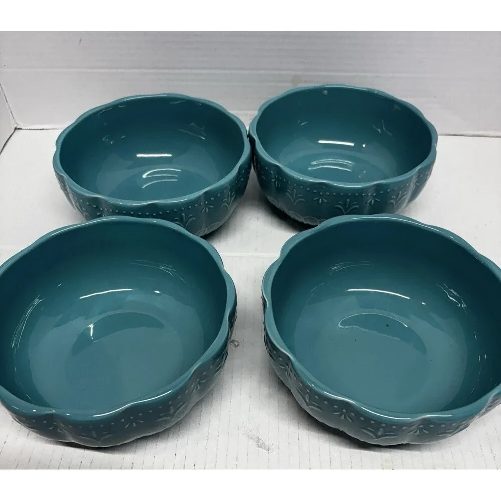 Pioneer Woman Teal Blue Bowls Set of 4 Scalloped Embossed Stoneware 7”